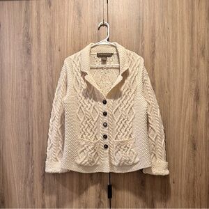 Inis Crafts Cream Irish Aran Fisherman Cable Knit Collared Cardigan Size L